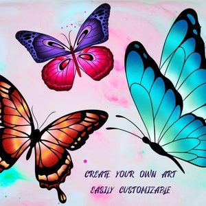 Three colourful butterflies on a pink and blue watercolour background. The butterflies are a vibrant purple and pink, a bright orange and brown, and a light blue and teal.