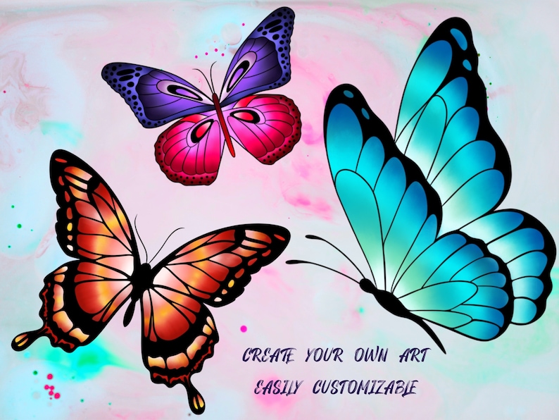 Three colourful butterflies on a pink and blue watercolour background. The butterflies are a vibrant purple and pink, a bright orange and brown, and a light blue and teal.