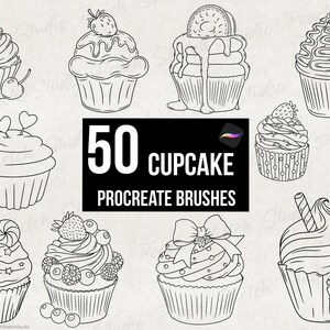 50 Cupcake Procreate Stamps, Line Art Dessert Cakes Designs Stencil Brushes (Digital Download)