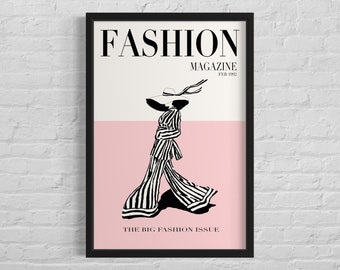 Fashion Magazine Cover Poster Print, Minimalistic Fashion, Luxury Fashion, Female Woman, Digital Download, Printable, Striped, Beauty Poster