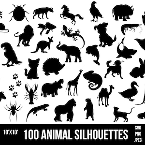100 Animal Silhouette Designs: SVG, PNG, JPEG Hand drawn Animal Vector Illustrations, Clipart Bundle (Digital Download)