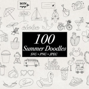 100 Summer Elements SVG PNG JPEG Designs, Doodle Clip Art Drawings, Vacation Summer Sun Flowers, High Quality Cut Files Digital Download