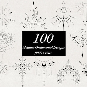 100 decoratieve ontwerpen jpeg png, medium fijne lijn delicate tattoo-illustraties, flash tattoo bundel, tattoo stencils digitale download