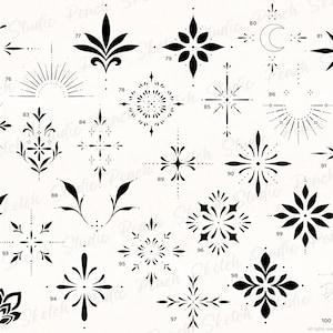Overview image of the ornamental tattoo designs included from 74 to 100. Each design has black fine lines with delicate details. Hand drawn tattoo stencil procreate stamps.