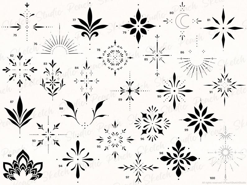 Overview image of the ornamental tattoo designs included from 74 to 100. Each design has black fine lines with delicate details. Hand drawn tattoo stencil procreate stamps.