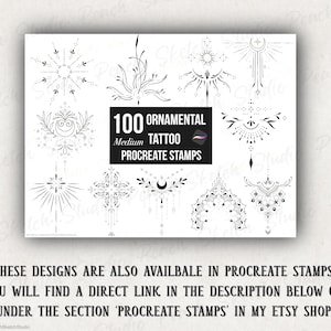 These designs are also available in Procreate brush stamps which you can find in the shop for Peach Sketch Studio or through the link in the description here. Shown in text below a preview of the main listing photo of the procreate stamp collection.