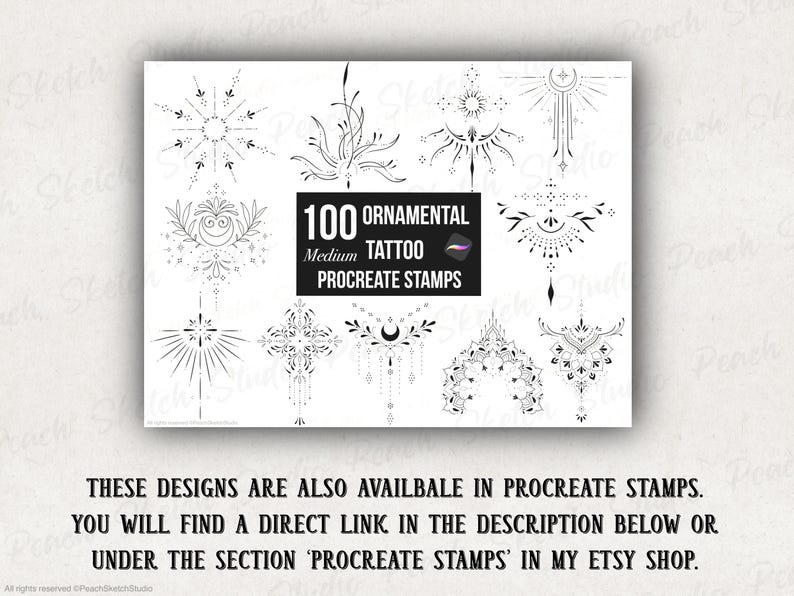 These designs are also available in Procreate brush stamps which you can find in the shop for Peach Sketch Studio or through the link in the description here. Shown in text below a preview of the main listing photo of the procreate stamp collection.