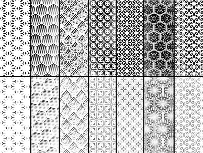 Pode incluir: Um conjunto de 12 padr&otilde;es geom&eacute;tricos em preto e branco. Os padr&otilde;es s&atilde;o todos diferentes, mas todos t&ecirc;m um estilo semelhante. Todos s&atilde;o feitos de pequenas formas repetitivas.