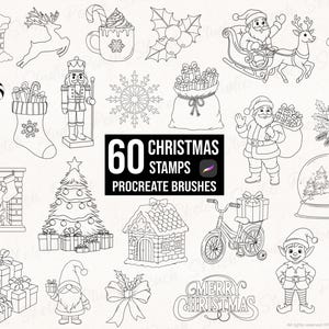 60 Christmas Procreate Stamps, Hand Drawn Festive Line Art, Procreate Brushes (Digital Download)