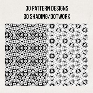 Pode incluir: Um design de padr&atilde;o geom&eacute;trico em preto e branco com 30 padr&otilde;es diferentes. O design &eacute; dividido em duas se&ccedil;&otilde;es, uma com um fundo preto s&oacute;lido e a outra com um fundo branco. O texto "30 PATTERN DESIGNS" e "30 SHADING/DOTWORK" est&aacute; na parte superior da imagem.
