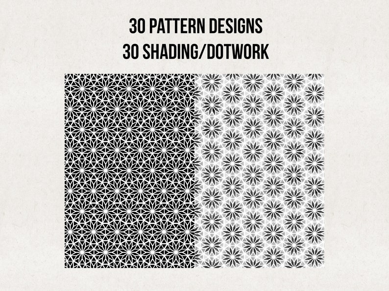 Pode incluir: Um design de padr&atilde;o geom&eacute;trico em preto e branco com 30 padr&otilde;es diferentes. O design &eacute; dividido em duas se&ccedil;&otilde;es, uma com um fundo preto s&oacute;lido e a outra com um fundo branco. O texto "30 PATTERN DESIGNS" e "30 SHADING/DOTWORK" est&aacute; na parte superior da imagem.