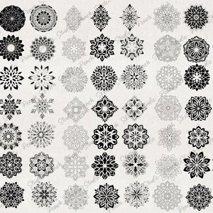 A collection of 48 black and white mandala designs. The mandalas are intricate and detailed, with a variety of geometric patterns. The mandalas are arranged in a grid pattern on a white background.