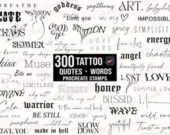 300 woorden en citaten Procreate-stempels, sjablonen voor fijne lijntatoeages, Procreate-penselen (digitale download)