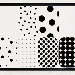 Four different black and white polka dot patterns on a white background. The patterns are arranged in a square shape.