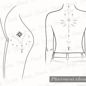 Mock up image of ornamental tattoo design on a woman’s back and another on the top of the thigh. Feminine and elegant fine line tattoo. Designs included in this image files collection.