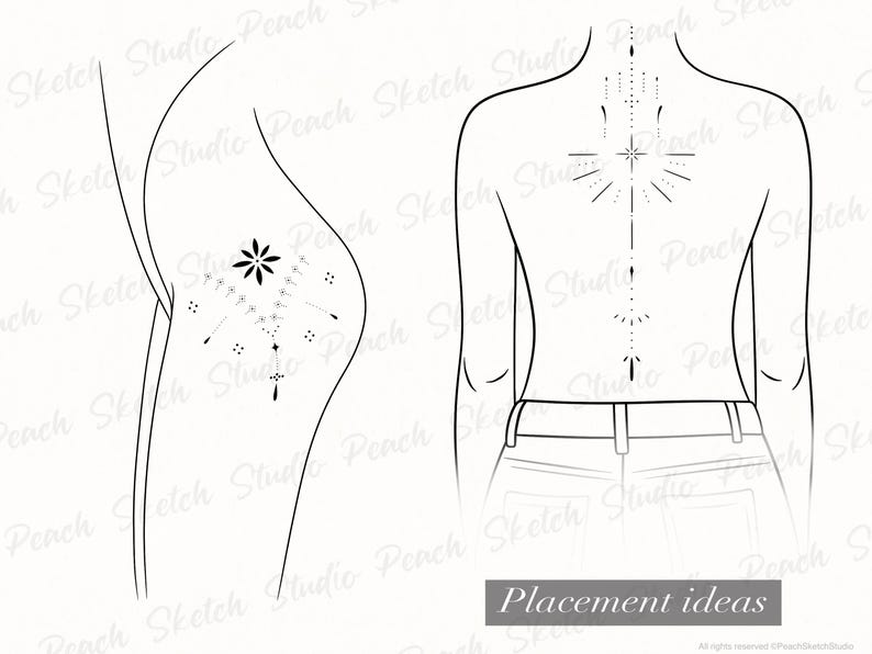 Mock up image of ornamental tattoo design on a woman’s back and another on the top of the thigh. Feminine and elegant fine line tattoo. Designs included in this image files collection.