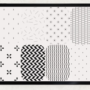 A digital tablet screen displaying a variety of black and white geometric patterns. The patterns include small flowers, lines, dots, and wavy lines.