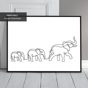 Three Elephants Line Art Poster Print, Wall Art, Minimalistic, Wall Home Decor, Modern, Animal Design, Outline, Print Digital Download