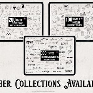 A display of other procreate brush sets available which include 300 quotes & words fine line tattoo designs, 100 summer and travel tattoo designs and 200 flash tattoo designs. All available in the Etsy shop for Peach Sketch Studio.
