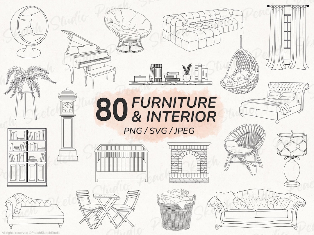 80 Furniture & Interior Designs, PNG SVG JPEG, House Line Drawing ...