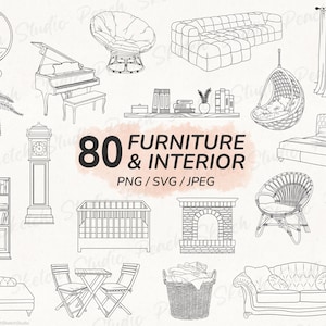 80 Furniture & Interior Designs PNG SVG JPEG House Line Drawing Clipart Bundle  (Digital Download)