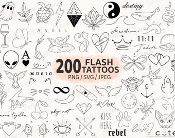 200 Flash Tattoo Designs: SVG, PNG JPEG Hand Drawn Doodle Fine Line Tattoo Stencils (Digital Download)