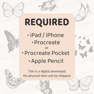 Listing image showing requirements for a digital Procreate download: iPad or iPhone, Procreate or Procreate Pocket, and Apple Pencil. Notes that this is a digital product with no physical item shipped. Faded background with various stamp designs included.