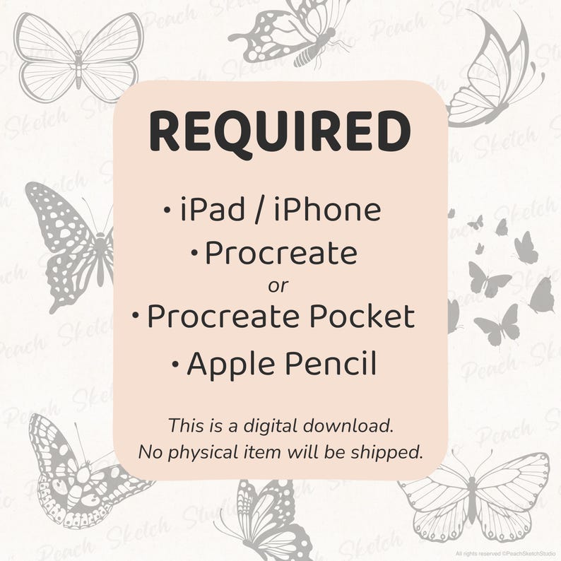 Listing image showing requirements for a digital Procreate download: iPad or iPhone, Procreate or Procreate Pocket, and Apple Pencil. Notes that this is a digital product with no physical item shipped. Faded background with various stamp designs included.