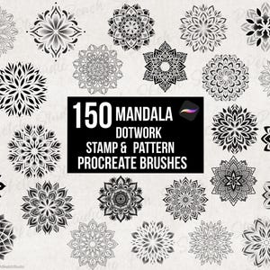 Puede incluir: Una colección de 20 diseños de mandalas en blanco y negro, con intrincados patrones de puntillismo. La imagen incluye el texto "150 Mandala Dotwork Stamp & Pattern Procreate Brushes". Estos pinceles están diseñados para arte digital y creación de patrones.