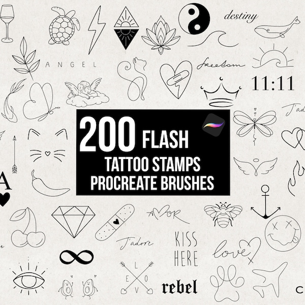 Lot de 200 tampons de tampons Procreate Flash Tattoo Design, Pochoirs de tatouage, Motifs animaliers, Pinceaux Procreate, Motifs de tampons, Numérique