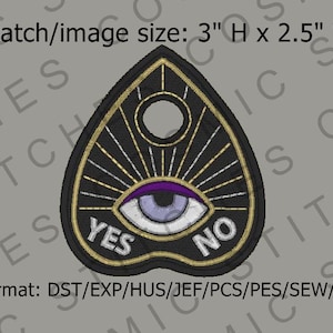 May include: A black and gold embroidered patch shaped like a heart with a single eye in the center. The eye is blue with a purple eyelid. The words "YES" and "NO" are written on either side of the eye. The patch is 3 inches tall and 2.5 inches wide.