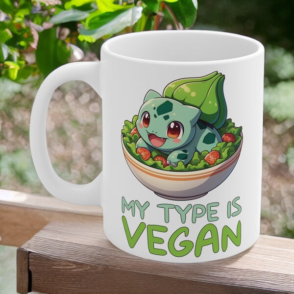 Bulbasaur Mug, Vegan Food Lover, Pokemon Salad Bowl, Cute Animal Mug, Vegetarian No Meat, Red Tomatoes, Gift For Game Fan, Anime Tv Show Cup