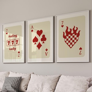 Set di arte murale retrò alla moda, poster Lucky You, stampa estetica alla moda, arte murale con carte da gioco, set di stampe con carte rosse, poster funky di Queen alla moda