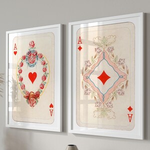Juego de 2 impresiones de arte de pared retro de moda, póster de Lucky You, impresión estética retro de moda, arte de pared de naipes vintage, juego de impresiones de cartas Red Ace