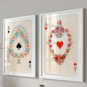 Juego de 2 cuadros de pared de estilo retro de moda, póster Lucky You, cuadros de pared con naipes antiguos, juego de impresiones de as de corazones en rojo y negro, cuadros de pared con tipografía