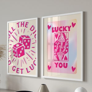 Trendy retro muurkunstset, Lucky You-poster, trendy esthetische print, Lucky You muurkunst, roze speelkaart Queen of Hearts-print, cadeau-idee
