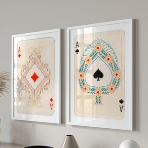 Trendy Retro Wall Art Set of 2, Retro Trendy Aesthetic Posters, Lucky You Wall Art, Ace Card Print Set, Vintage Playing Cards Poster Art
