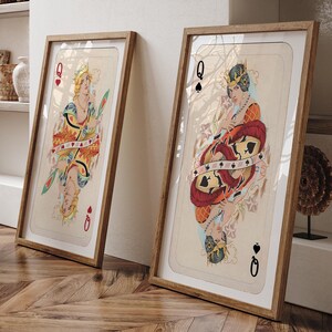 Trendy retro Queen of Hearts muurkunst set van 2 Lucky You poster, esthetische print, vintage speelkaarten muurkunst, funky aas poster