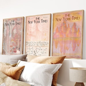 Juego de 3 pósters de portada de revista del New York Times, arte de pared de portada de Nueva York en rosa suave, impresiones de Nueva York, arte de portada de revista vintage de Nueva York