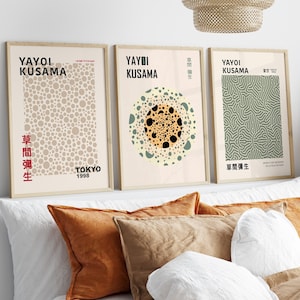 Set of 3 Yayoi Kusama Poster, Japanese Wall Art, Yayoi Kusama Dots Prints, Trendy Retro Art Set, Museum Exhibition Abstract Print Set