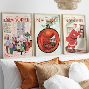 New Yorker Christmas Magazine Cover Print Set of 3 Trendy Retro Wall Art, New Yorker Holiday Home Decor, Vintage Xmas Magazine Cover Prints