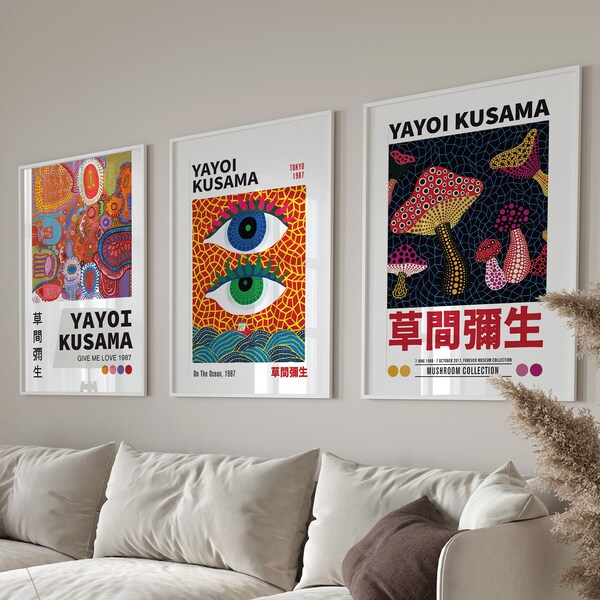 Set of 3 Yayoi Kusama Print, Retro Japanese Wall Art, Minimalist Yayoi Kusama Poster Art, Famous Artist Prints, Trendy Yayoi Kusama Decor