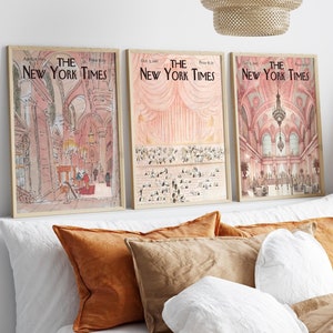 Juego de 3 pósteres del New York Times, arte mural rosa de Nueva York, impresiones vintage del New York Times, portada de revista retro de Nueva York para el hogar.
