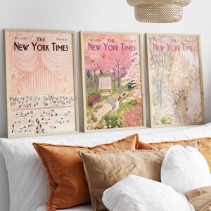 Juego de 3 pósteres de portada de Nueva York, arte de pared de Nueva York en rosa suave, impresiones vintage del New York Times, decoración de portada de revista retro de moda para regalo