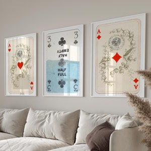Set di carte da gioco estetiche retrò alla moda, poster Lucky Ace, stampa di carte da gioco vintage nere e rosse, poster di carte da gioco classiche