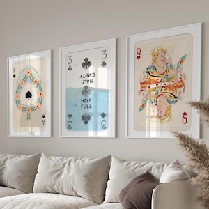 Set di arte murale retrò alla moda, poster Lucky You, stampa estetica alla moda, poster artistico di carte Ace, stampa di Queen of Hearts, carte da gioco Half Full