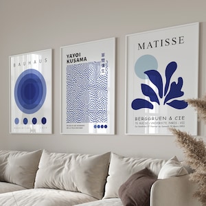 Navy Blau Wand Kunst 3er Set, Yayoi Kusama Druck, Ästhetischer Druck, Dark Bule Wandkunst, Herni Matisse Poster, Abstraktes Bauhaus Kunstdruck Set