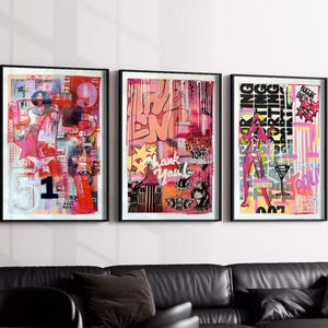 Set di 3 stampe da parete retrò alla moda: poster di graffiti colorati, stampe in stile urbano massimalista, decorazioni da parete Y2K per camera da letto o dormitorio preppy.
