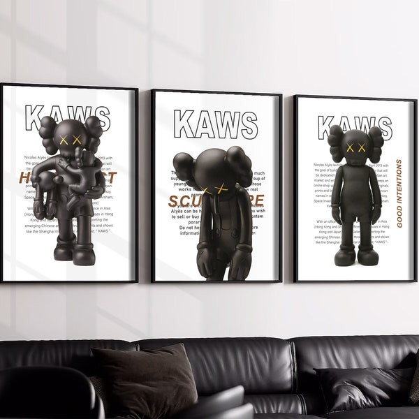 Lot de 3 affiches noires de jouets Hypebeast, art mural figurine Kaws, décoration Hypebeast minimaliste, ensemble d'impressions graffiti Kaws, art mural Hypebeast tendance