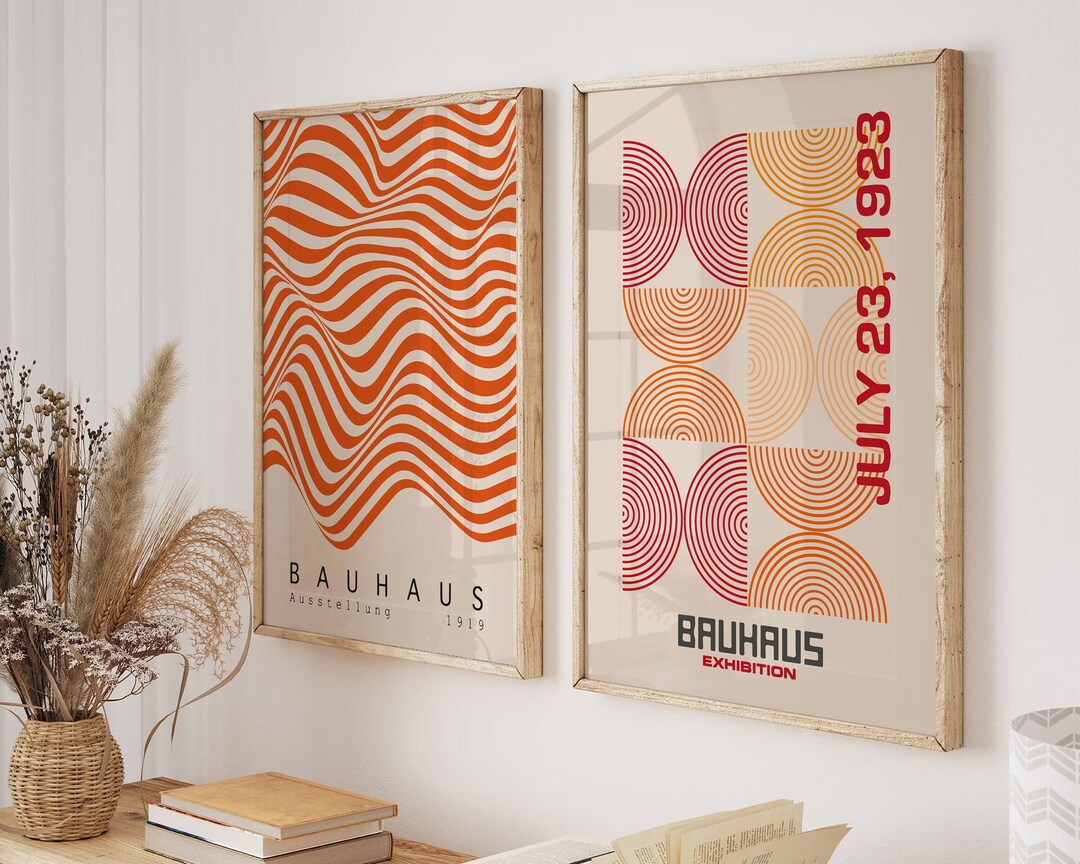 Vibrant Orange Bauhaus Wall Art Set - Minimalist Bauhaus Exhibition ...